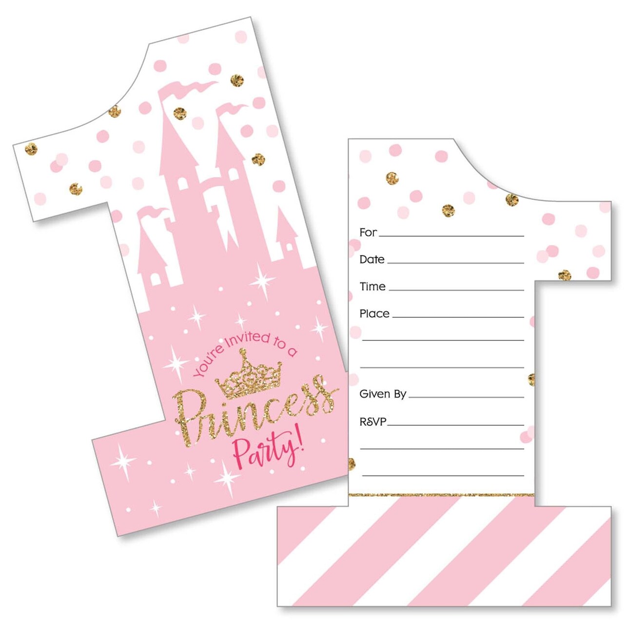 Big Dot of Happiness 1st Birthday Little Princess Crown - Shaped Fill-in Invites - Princess Birthday Party Invite Cards with Envelopes - Set of 12